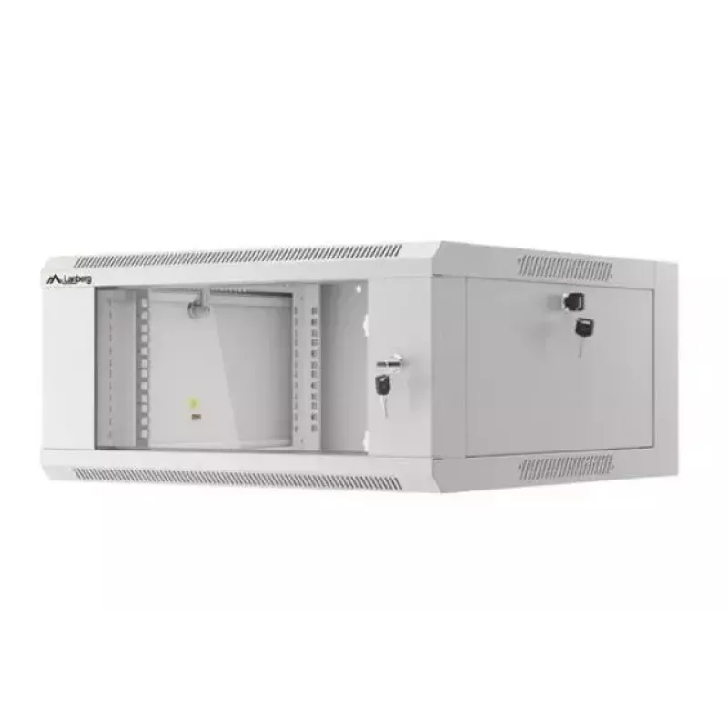 Pie sienas stiprināms 19 collu 4U tīkla statņu skapis LANBERG WAFA-5604-10S, 600 mm dziļums, pelēks, stikla durvis (salocīts)