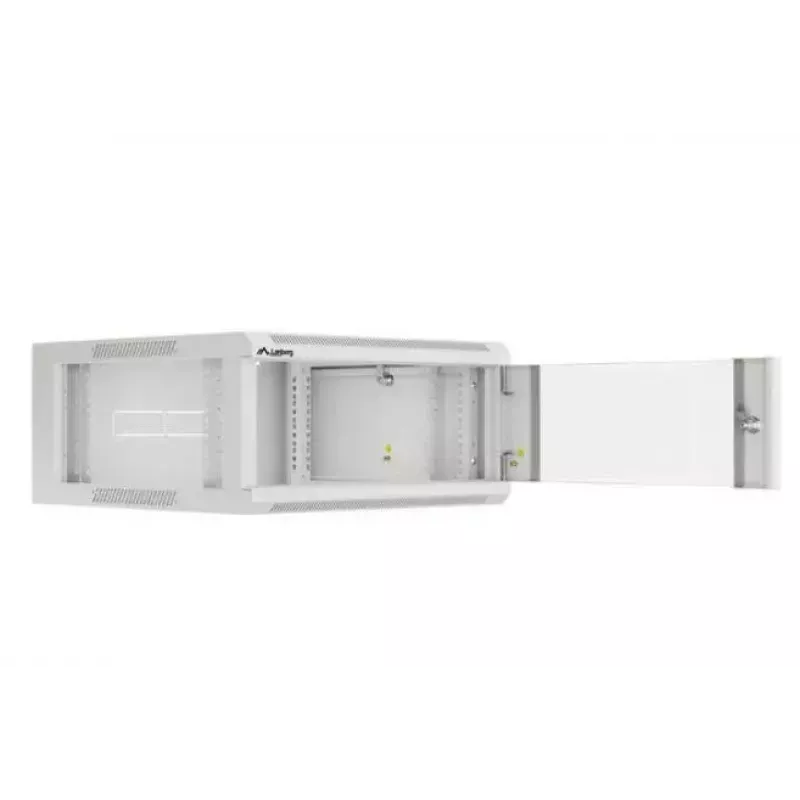 Pie sienas stiprināms 19 collu 4U tīkla statņu skapis LANBERG WAFA-5604-10S, 600 mm dziļums, pelēks, stikla durvis (salocīts)
