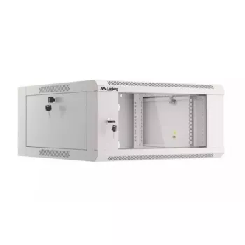 Pie sienas stiprināms 19 collu 4U tīkla statņu skapis LANBERG WAFA-5604-10S, 600 mm dziļums, pelēks, stikla durvis (salocīts)