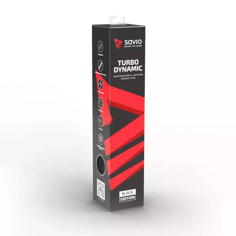 Peļu paliktnis SAVIO Melns Edition Turbo Dynamic XL — spēļu auduma/gumijas 900×400×3 mm, sašūtas malas, neslīdoša pamatne