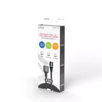 USB 2.0 kabelis SAVIO CL-155, USB A uz maināmiem USB-C / Micro-USB B / Lightning, 2 m, melns