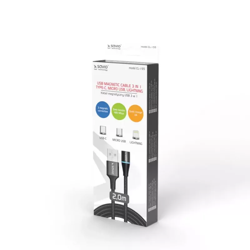 USB 2.0 kabelis SAVIO CL-155, USB A uz maināmiem USB-C / Micro-USB B / Lightning, 2 m, melns