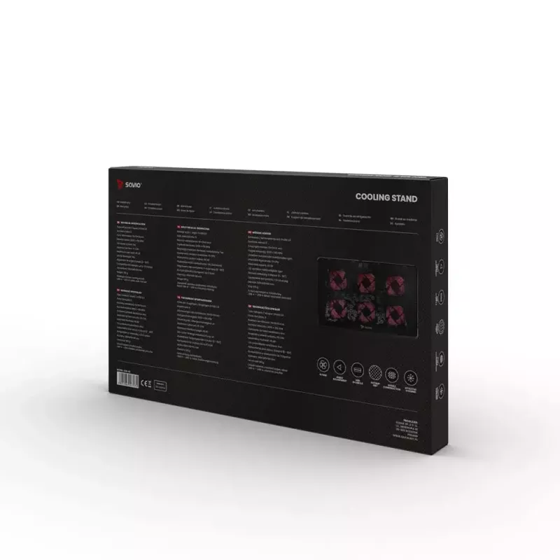 Datora dzesēšanas paliktnis SAVIO COS-01 ar 6 fona apgaismotiem ventilatoriem 2000 apgr./min., USB 2.0, līdz 17,3 collu ekrāniem