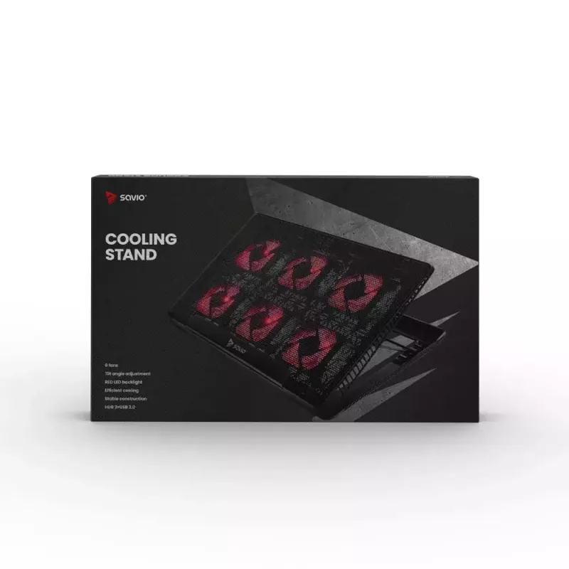 Datora dzesēšanas paliktnis SAVIO COS-01 ar 6 fona apgaismotiem ventilatoriem 2000 apgr./min., USB 2.0, līdz 17,3 collu ekrāniem