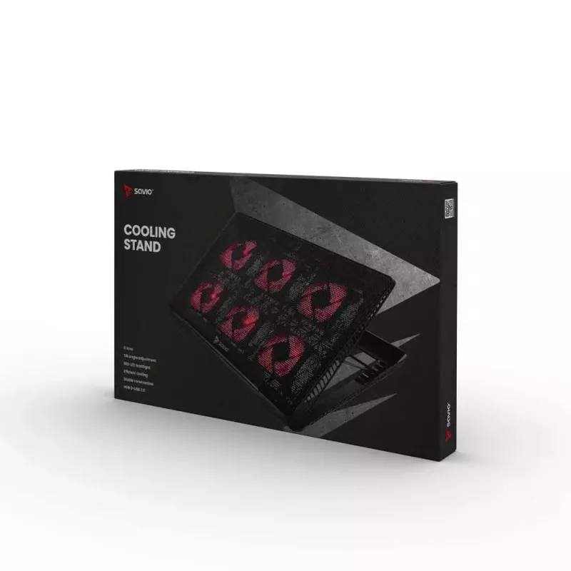 Datora dzesēšanas paliktnis SAVIO COS-01 ar 6 fona apgaismotiem ventilatoriem 2000 apgr./min., USB 2.0, līdz 17,3 collu ekrāniem