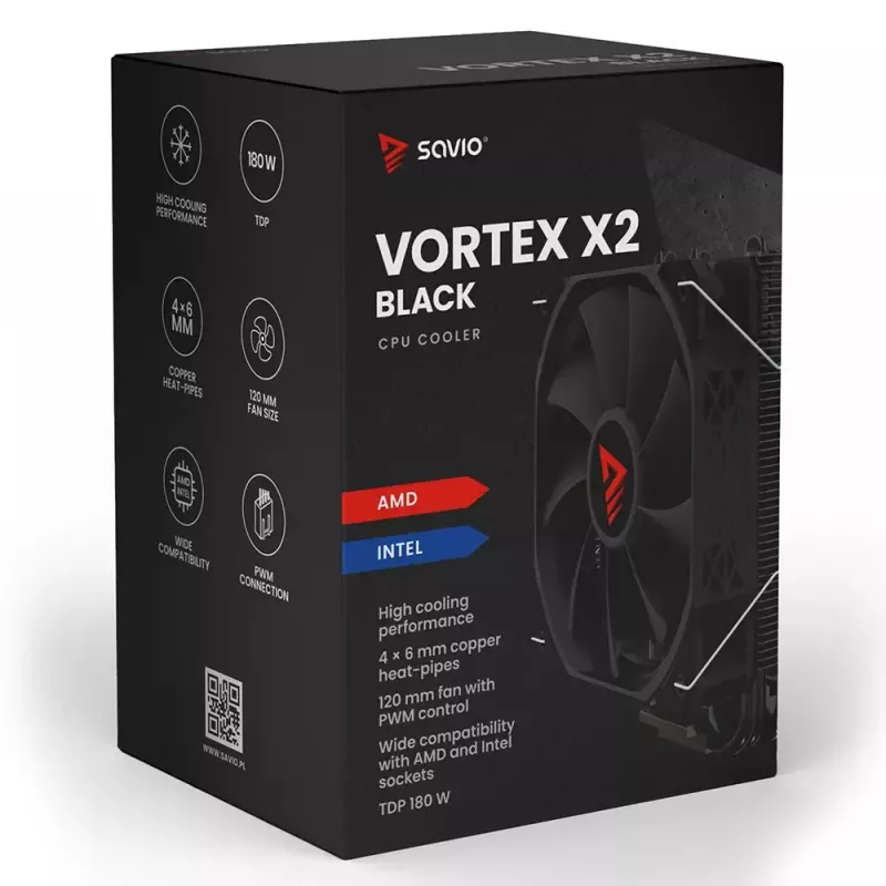 CPU gaisa dzesētājs SAVIO Vortex X2 Melns – 120 mm ventilators, augstums 157 mm, PWM, LGA 2066 saderīgs
