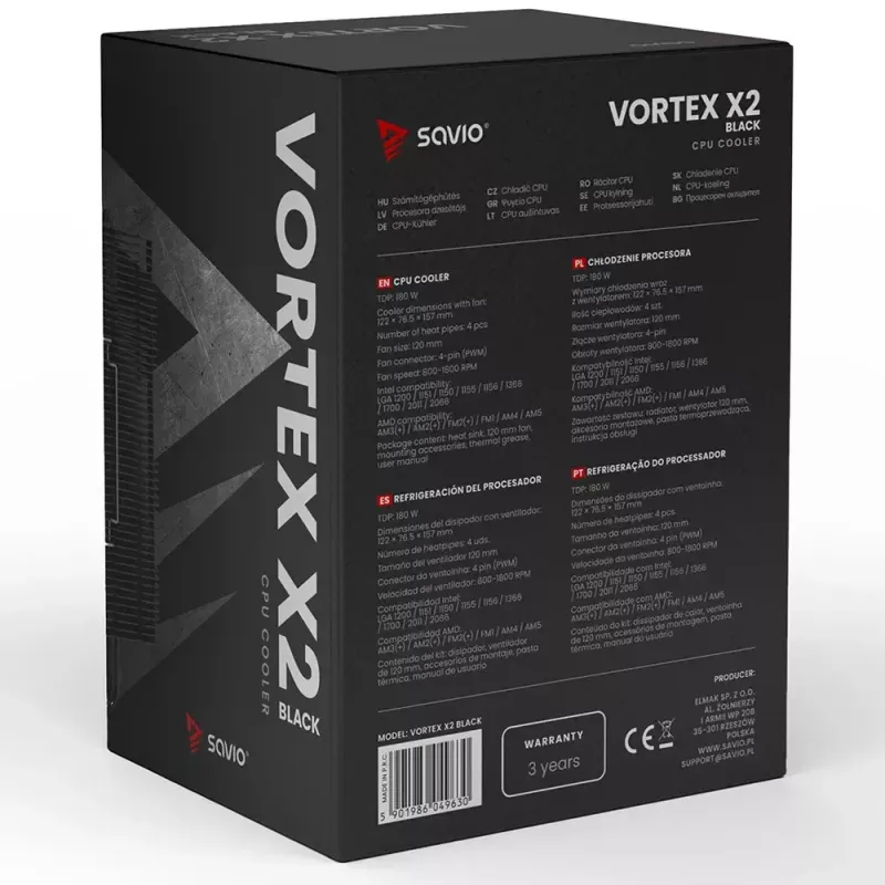 CPU gaisa dzesētājs SAVIO Vortex X2 Melns – 120 mm ventilators, augstums 157 mm, PWM, LGA 2066 saderīgs