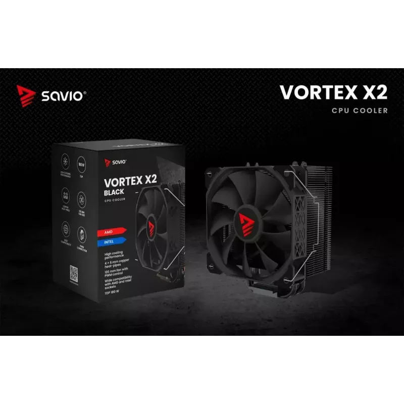 CPU gaisa dzesētājs SAVIO Vortex X2 Melns – 120 mm ventilators, augstums 157 mm, PWM, LGA 2066 saderīgs