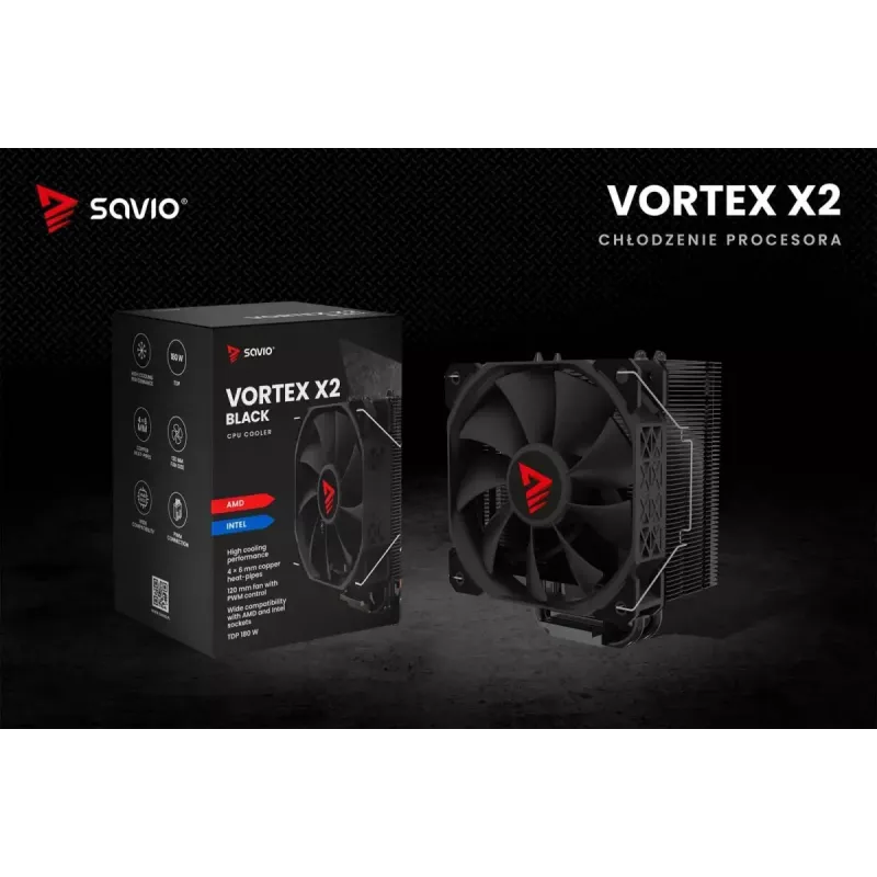 CPU gaisa dzesētājs SAVIO Vortex X2 Melns – 120 mm ventilators, augstums 157 mm, PWM, LGA 2066 saderīgs