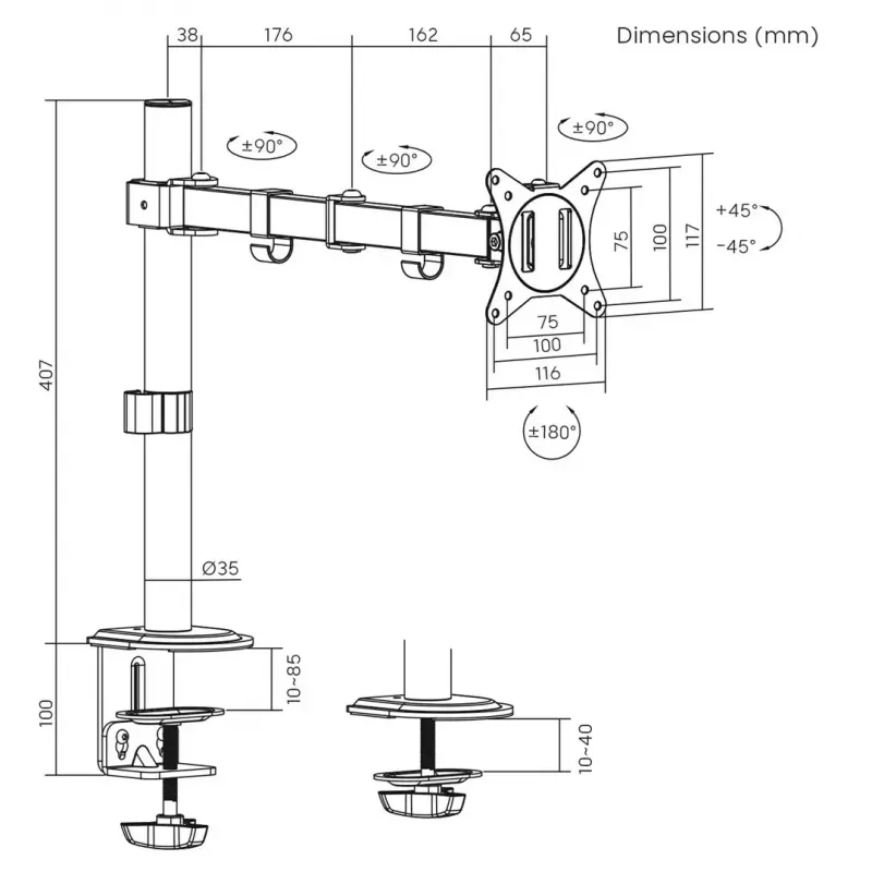 Monitora galda stiprinājums MACLEAN MC-753N 17–32 collu ekrāniem, VESA 75x75 / 100x100, maks. 9 kg, slīpums ±45°, pagriešana ±180°, regulējams augstums