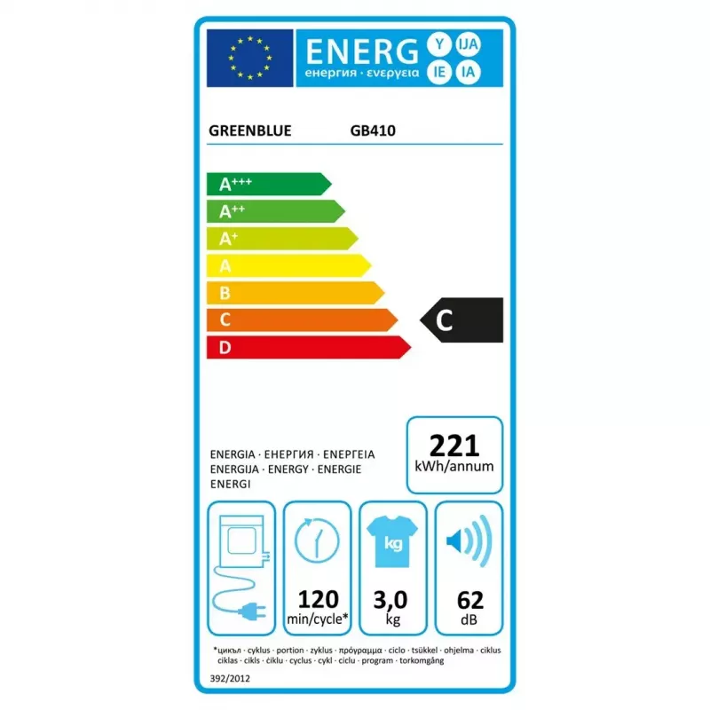 Elektriskais veļas žāvētājs GreenBlue GB410 — 3 kg ietilpība, 830 W, ventilācijas tipa, 5 žāvēšanas programmas, energoefektivitātes klase C