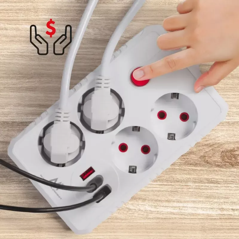 Strāvas sadalītājs MACLEAN MCE393 W — 4 rozetes + 3×USB, 110–240V, 2.1A USB, 2500W, 3 m, balts