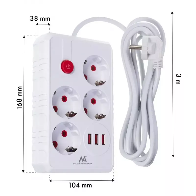 Strāvas sadalītājs MACLEAN MCE393 W — 4 rozetes + 3×USB, 110–240V, 2.1A USB, 2500W, 3 m, balts
