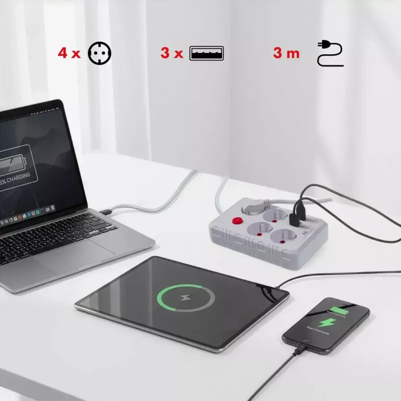 Strāvas sadalītājs MACLEAN MCE393 W — 4 rozetes + 3×USB, 110–240V, 2.1A USB, 2500W, 3 m, balts
