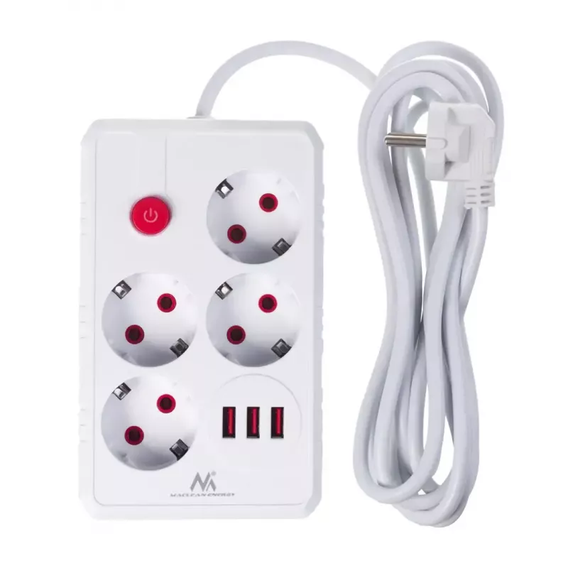Strāvas sadalītājs MACLEAN MCE393 W — 4 rozetes + 3×USB, 110–240V, 2.1A USB, 2500W, 3 m, balts