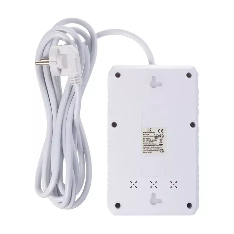 Strāvas sadalītājs MACLEAN MCE393 W — 4 rozetes + 3×USB, 110–240V, 2.1A USB, 2500W, 3 m, balts
