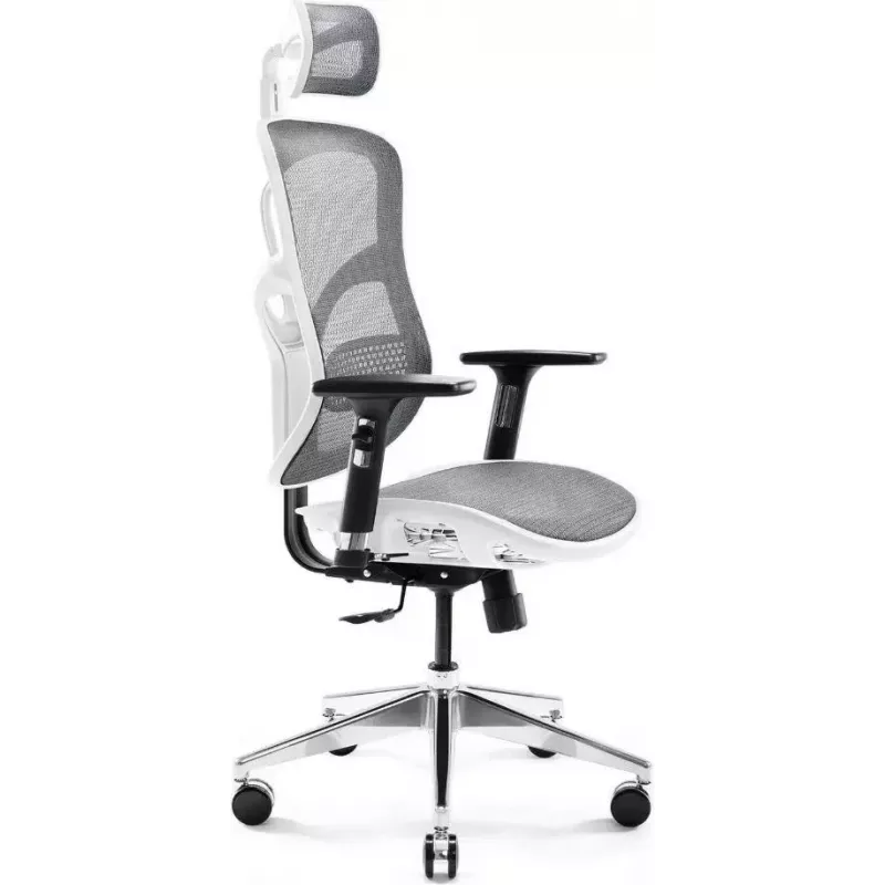 Ergonomisks biroja krēsls Diablo Chairs V-Basic balta-pelēka — regulējams augstums un noliekšana, roku balsti, jostasvietas atbalsts