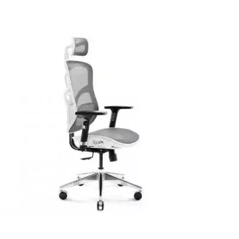 Ergonomisks biroja krēsls Diablo Chairs V-Basic balta-pelēka — regulējams augstums un noliekšana, roku balsti, jostasvietas atbalsts