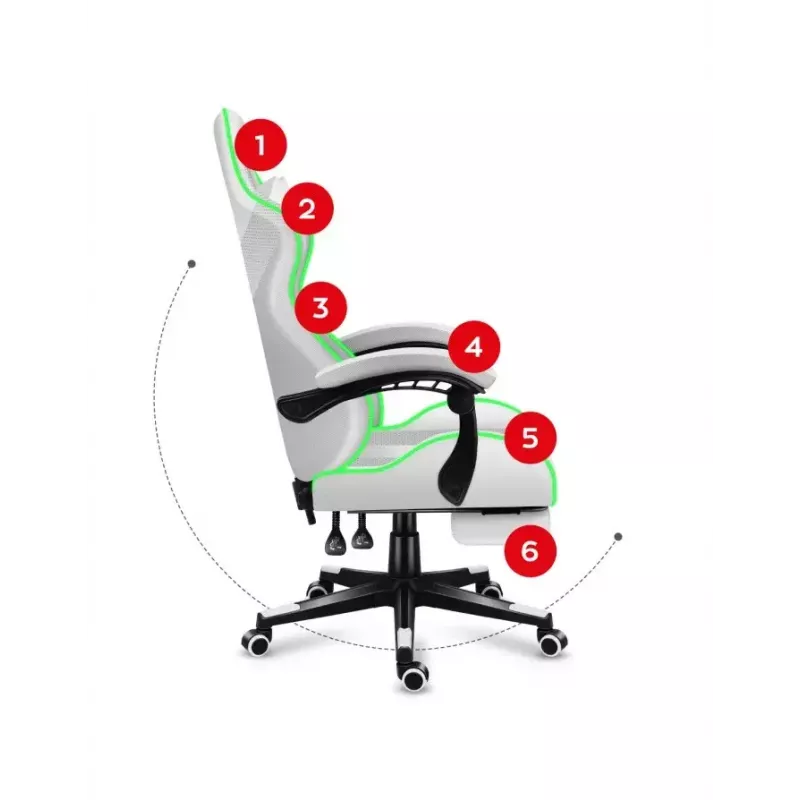 Spēļu krēsls Huzaro FORCE 4.7 RGB balta — polsterēts auduma kausveida sēdeklis, maks. slodze 140 kg, regulējams augstums 43–53 cm, slīpums 90–140°