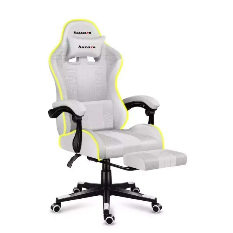 Spēļu krēsls Huzaro FORCE 4.7 RGB balta — polsterēts auduma kausveida sēdeklis, maks. slodze 140 kg, regulējams augstums 43–53 cm, slīpums 90–140°