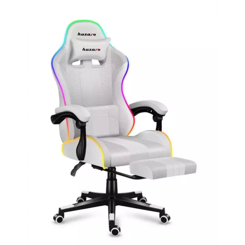 Spēļu krēsls Huzaro FORCE 4.7 RGB balta — polsterēts auduma kausveida sēdeklis, maks. slodze 140 kg, regulējams augstums 43–53 cm, slīpums 90–140°