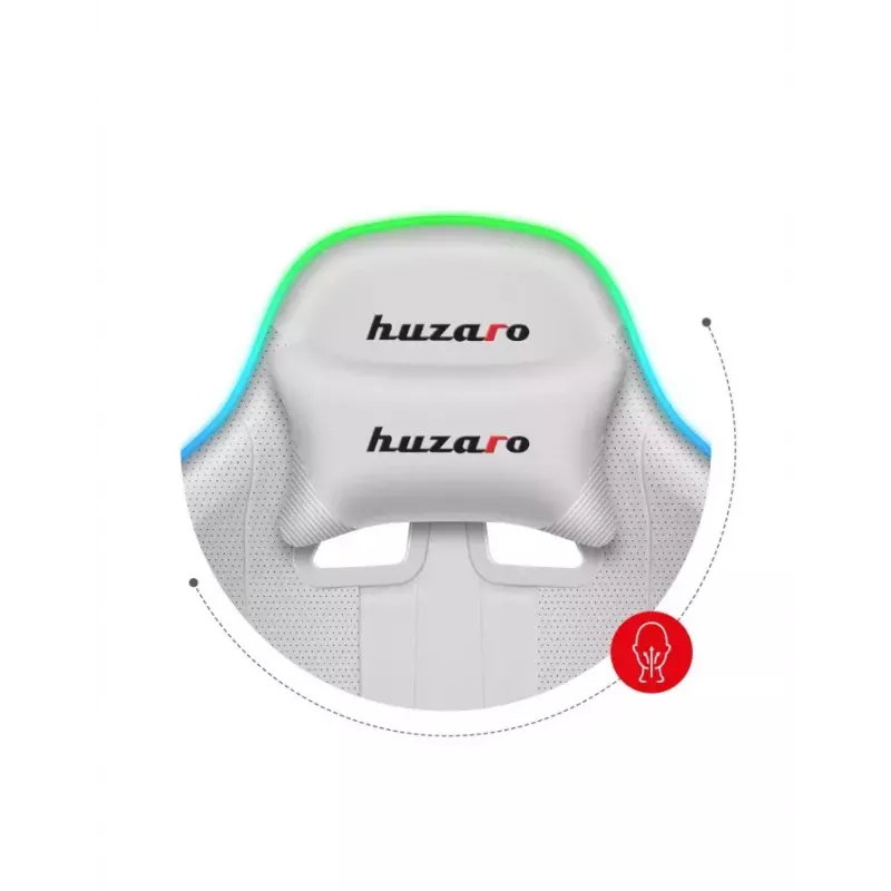 Spēļu krēsls Huzaro FORCE 4.7 RGB balta — polsterēts auduma kausveida sēdeklis, maks. slodze 140 kg, regulējams augstums 43–53 cm, slīpums 90–140°