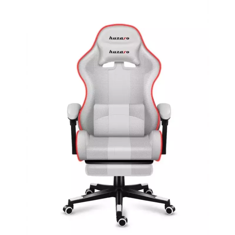 Spēļu krēsls Huzaro FORCE 4.7 RGB balta — polsterēts auduma kausveida sēdeklis, maks. slodze 140 kg, regulējams augstums 43–53 cm, slīpums 90–140°