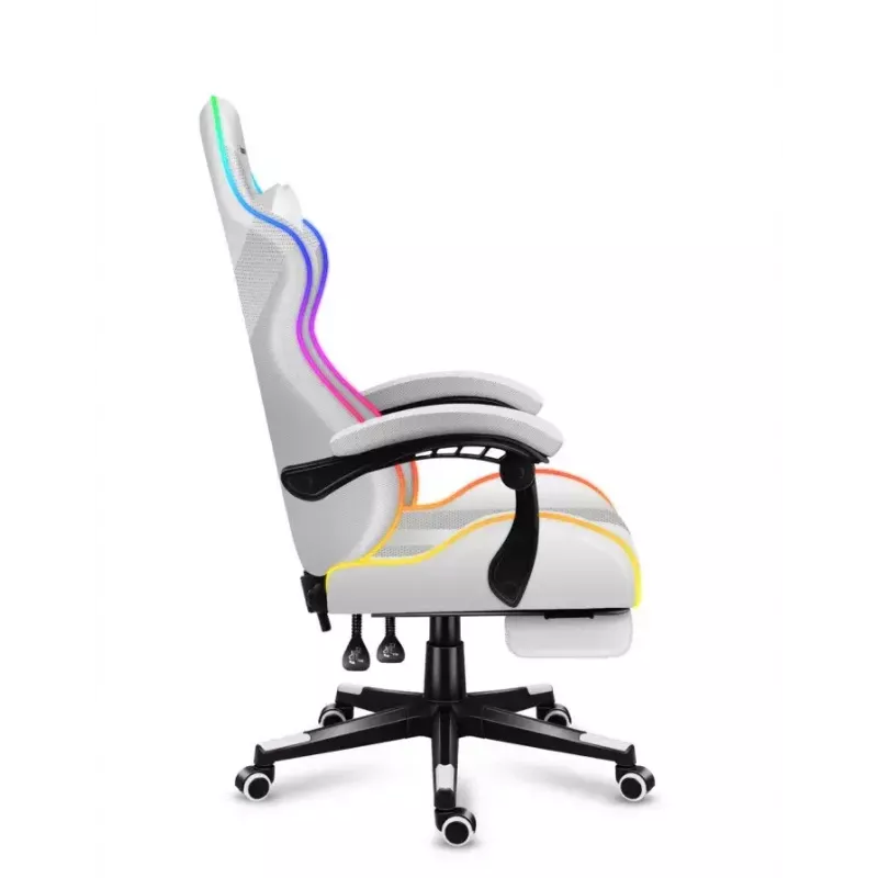 Spēļu krēsls Huzaro FORCE 4.7 RGB balta — polsterēts auduma kausveida sēdeklis, maks. slodze 140 kg, regulējams augstums 43–53 cm, slīpums 90–140°
