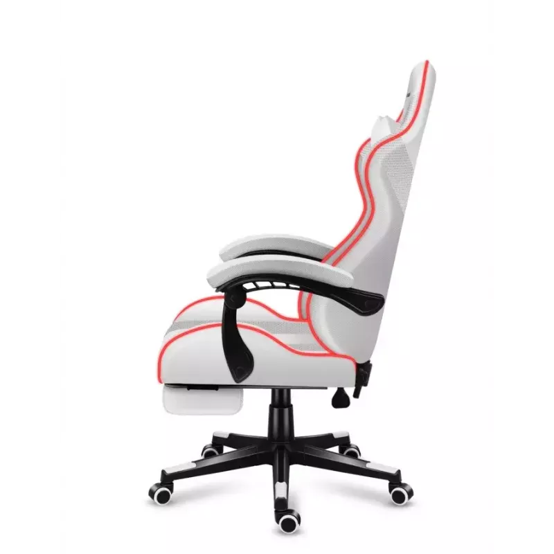 Spēļu krēsls Huzaro FORCE 4.7 RGB balta — polsterēts auduma kausveida sēdeklis, maks. slodze 140 kg, regulējams augstums 43–53 cm, slīpums 90–140°