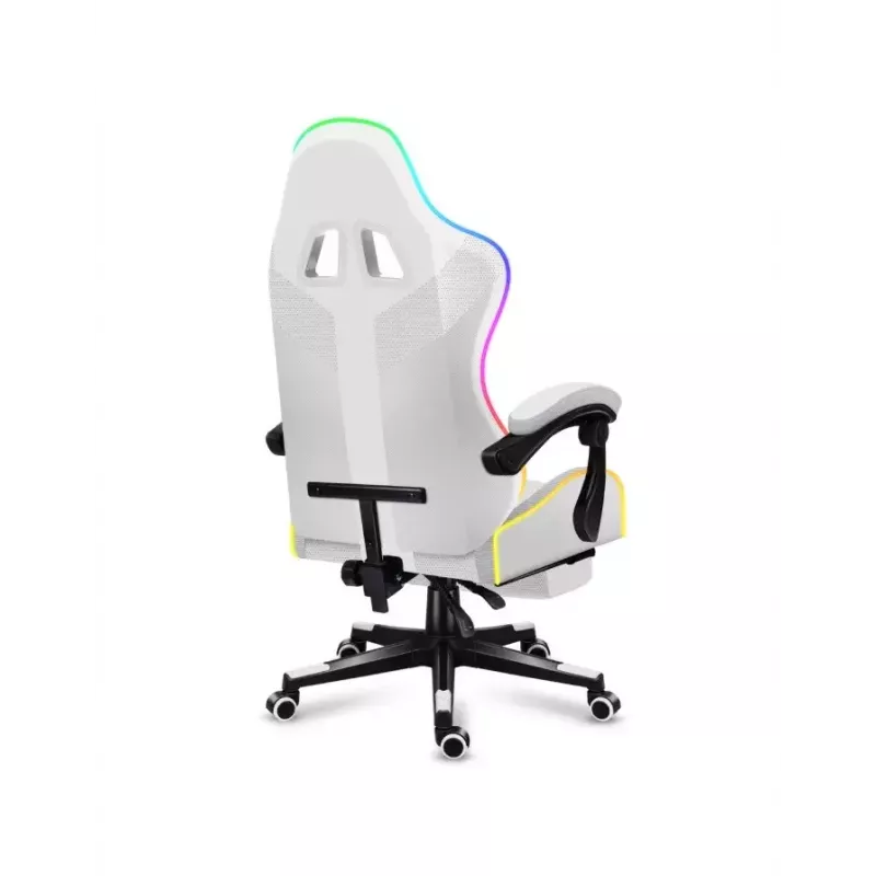 Spēļu krēsls Huzaro FORCE 4.7 RGB balta — polsterēts auduma kausveida sēdeklis, maks. slodze 140 kg, regulējams augstums 43–53 cm, slīpums 90–140°