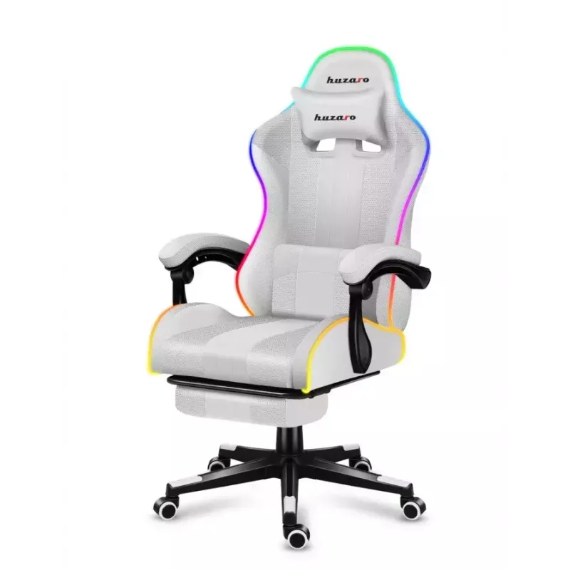 Spēļu krēsls Huzaro FORCE 4.7 RGB balta — polsterēts auduma kausveida sēdeklis, maks. slodze 140 kg, regulējams augstums 43–53 cm, slīpums 90–140°