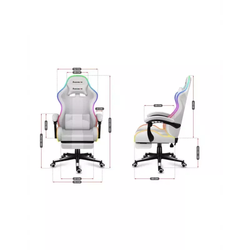 Spēļu krēsls Huzaro FORCE 4.7 RGB balta — polsterēts auduma kausveida sēdeklis, maks. slodze 140 kg, regulējams augstums 43–53 cm, slīpums 90–140°