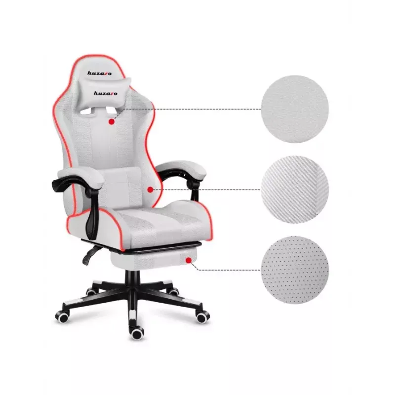 Spēļu krēsls Huzaro FORCE 4.7 RGB balta — polsterēts auduma kausveida sēdeklis, maks. slodze 140 kg, regulējams augstums 43–53 cm, slīpums 90–140°