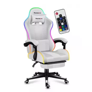 Spēļu krēsls Huzaro FORCE 4.7 RGB balta — polsterēts auduma kausveida sēdeklis, maks. slodze 140 kg, regulējams augstums 43–53 cm, slīpums 90–140°