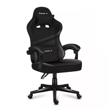 Spēļu krēsls Huzaro FORCE 4.4 CARBON — polsterēts auduma kausveida sēdeklis, augstums 115–125 cm, maks. slodze 130 kg, tērauda pamatne, regulējami roku balsti