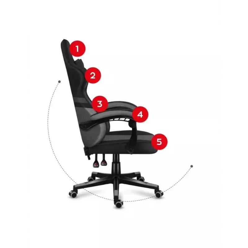 PC spēlētāju krēsls huzaro FORCE 4.4 Kausa sēdeklis Melns pelēks — sieta audums, maks. 130 kg, regulējams augstums 45–55 cm, 5 riteņi