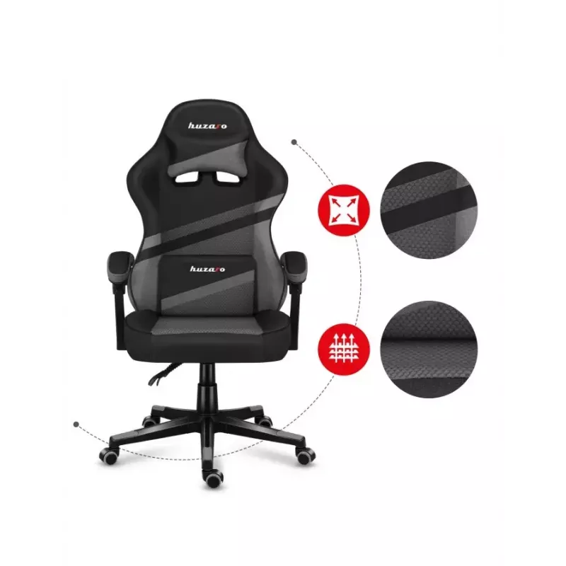 PC spēlētāju krēsls huzaro FORCE 4.4 Kausa sēdeklis Melns pelēks — sieta audums, maks. 130 kg, regulējams augstums 45–55 cm, 5 riteņi