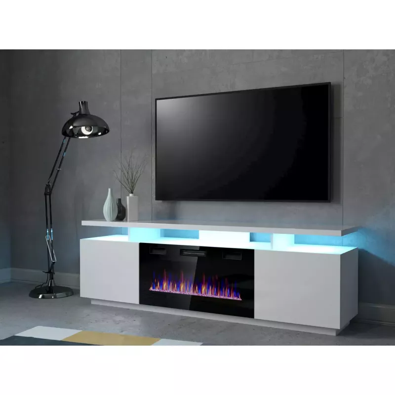 TV cabinets Cama Meble EVA ar elektrisko kamīnu 180×40×52 cm, balts rāmis, spīdīgi baltas durvis, MDF virsma