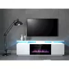 TV cabinets Cama Meble EVA ar elektrisko kamīnu 180×40×52 cm, balts rāmis, spīdīgi baltas durvis, MDF virsma