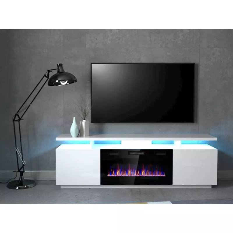 TV cabinets Cama Meble EVA ar elektrisko kamīnu 180×40×52 cm, balts rāmis, spīdīgi baltas durvis, MDF virsma