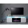 TV cabinets Cama Meble EVA ar elektrisko kamīnu 180×40×52 cm, balts rāmis, spīdīgi baltas durvis, MDF virsma