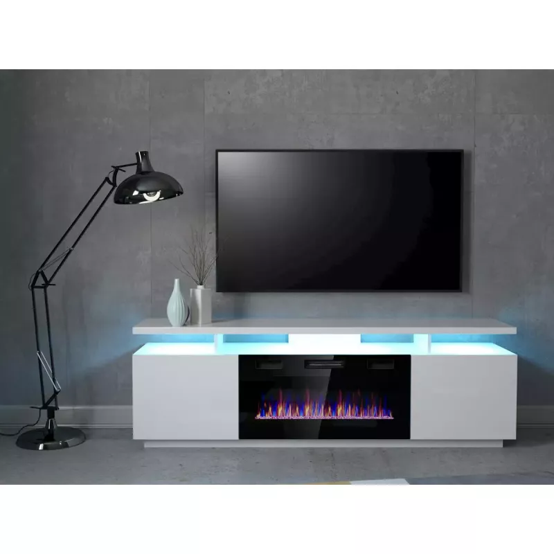 TV cabinets Cama Meble EVA ar elektrisko kamīnu 180×40×52 cm, balts rāmis, spīdīgi baltas durvis, MDF virsma