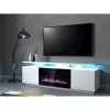 TV cabinets Cama Meble EVA ar elektrisko kamīnu 180×40×52 cm, balts rāmis, spīdīgi baltas durvis, MDF virsma