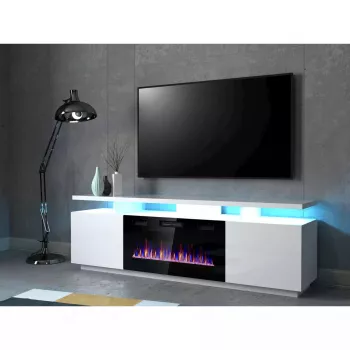 TV cabinets Cama Meble EVA ar elektrisko kamīnu 180×40×52 cm, balts rāmis, spīdīgi baltas durvis, MDF virsma