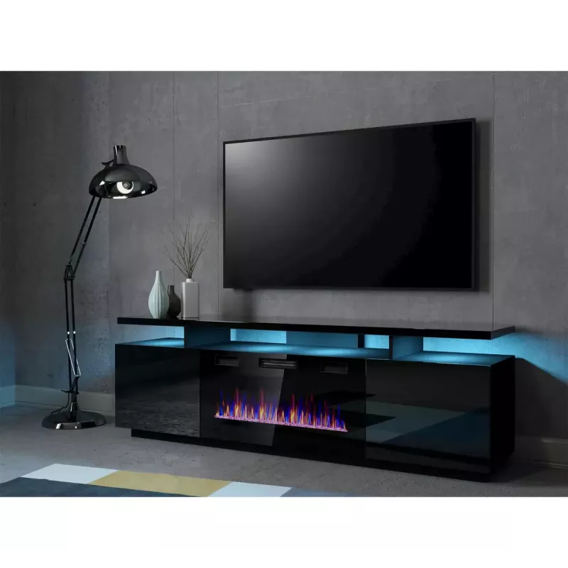 TV skapis Cama Meble EVA ar elektrisko kamīnu 180x40x52 cm, melns/spīdīgi melns