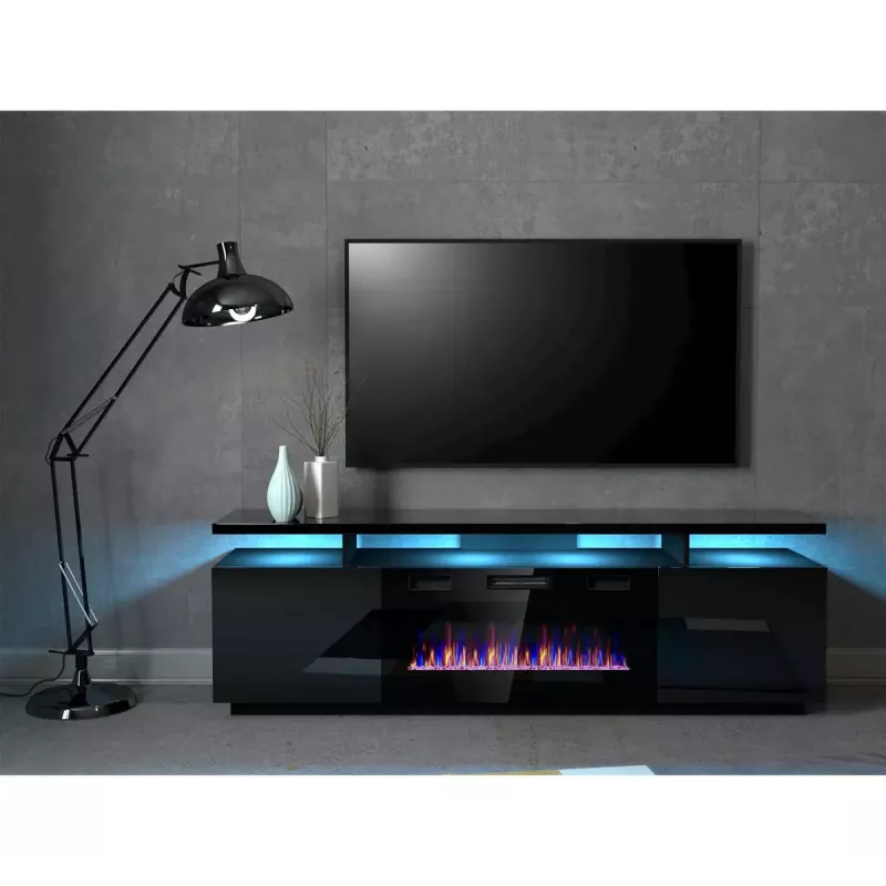 TV skapis Cama Meble EVA ar elektrisko kamīnu 180x40x52 cm, melns/spīdīgi melns