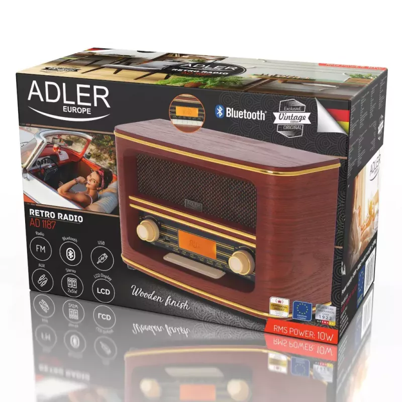 Portable radio Adler AD 1187 — FM, 10 W RMS, LCD display, brown, 300×140×210 mm
