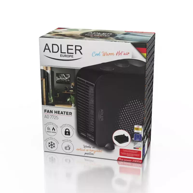 Ventilatora elektriskais sildītājs Adler AD 7725B, 2000 W, 2 jaudas līmeņi, regulējams termostats, melns