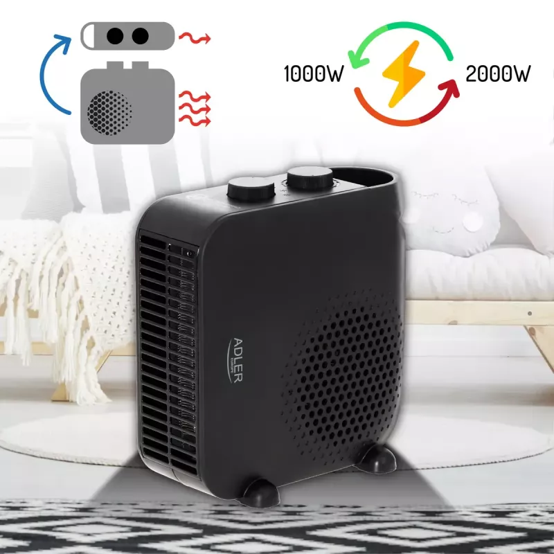 Ventilatora elektriskais sildītājs Adler AD 7725B, 2000 W, 2 jaudas līmeņi, regulējams termostats, melns