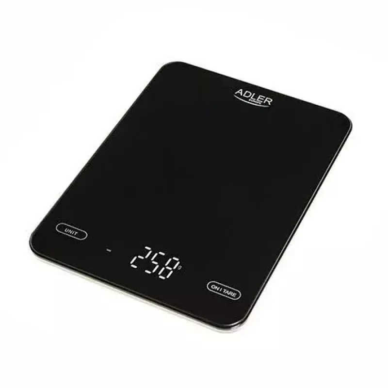 Elektroniskie virtuves svari Adler AD 3177b — 10 kg ietilpība, 1 g precizitāte, melna, stikla virsma